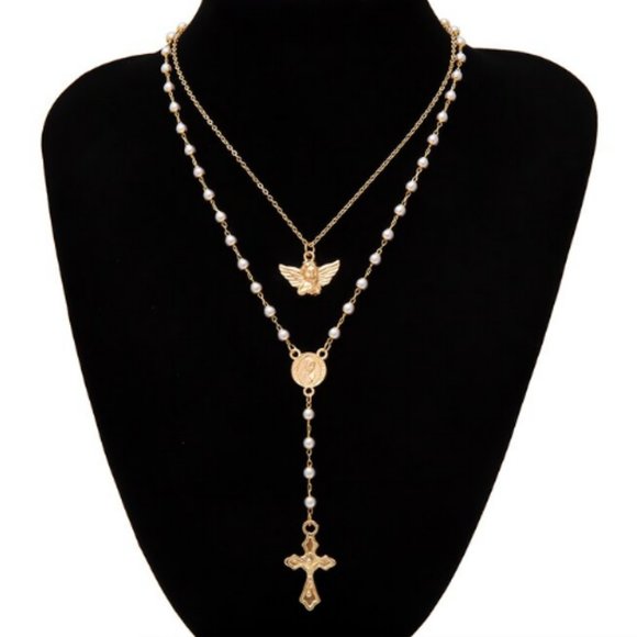 Jewelry - Multilayered pearl necklace, cross and angel wings